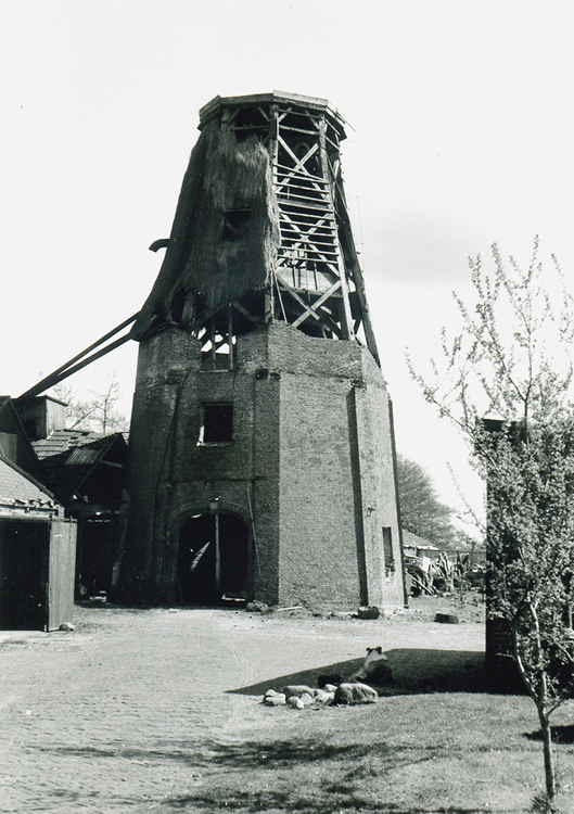 Koartwâld / Feanstermoune, , De molen nog als ruïne kort voor de restauratie.  Foto: W.O. Bakker (20-4-1991), coll. Martin E. van Doornik. | Database Nederlandse molens