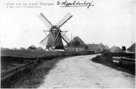 De Hoop, , Zo vrij staat de molen al lang niet meer....  Prachtige opname uit de verzameling van Ton Meesters (foto: ?). | Database Nederlandse molens