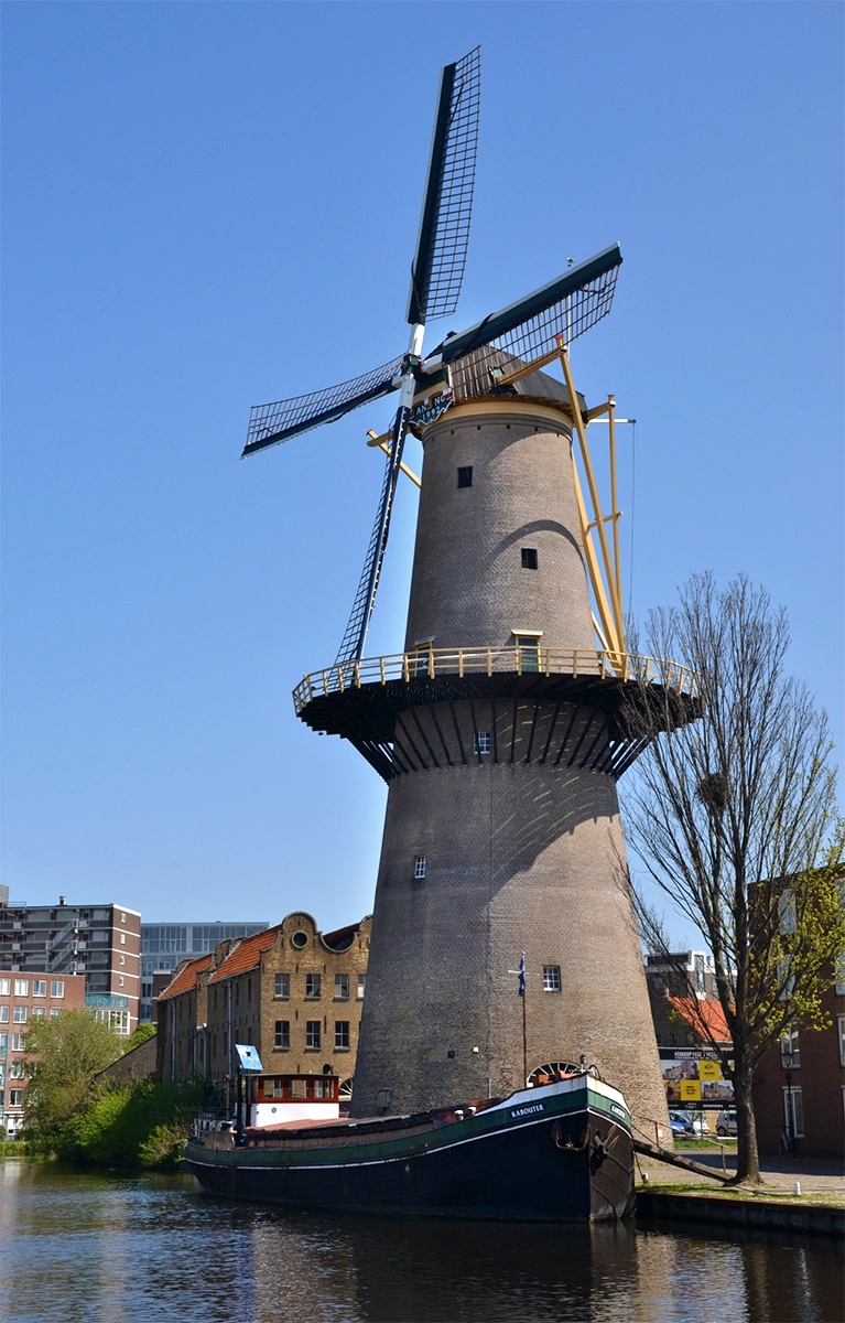 Foto van De Palmboom, Schiedam, Rob Pols (28-4-2022)De molen met zijn nieuwe wiekenkruis (zie tekst). De zeeg in het hekwerk van de wieken is behoorlijk dieper dan die van het oude gevlucht. | Database Nederlandse molens